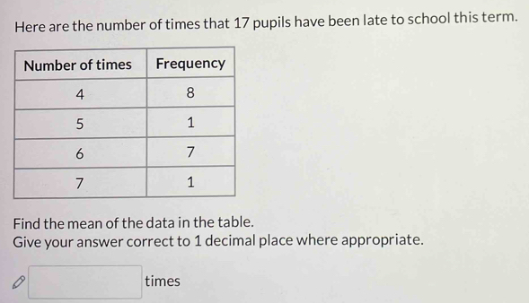 Here are the number of times that 17 pupils have been late to school this term. 
Find the mean of the data in the table. 
Give your answer correct to 1 decimal place where appropriate. 
□ times