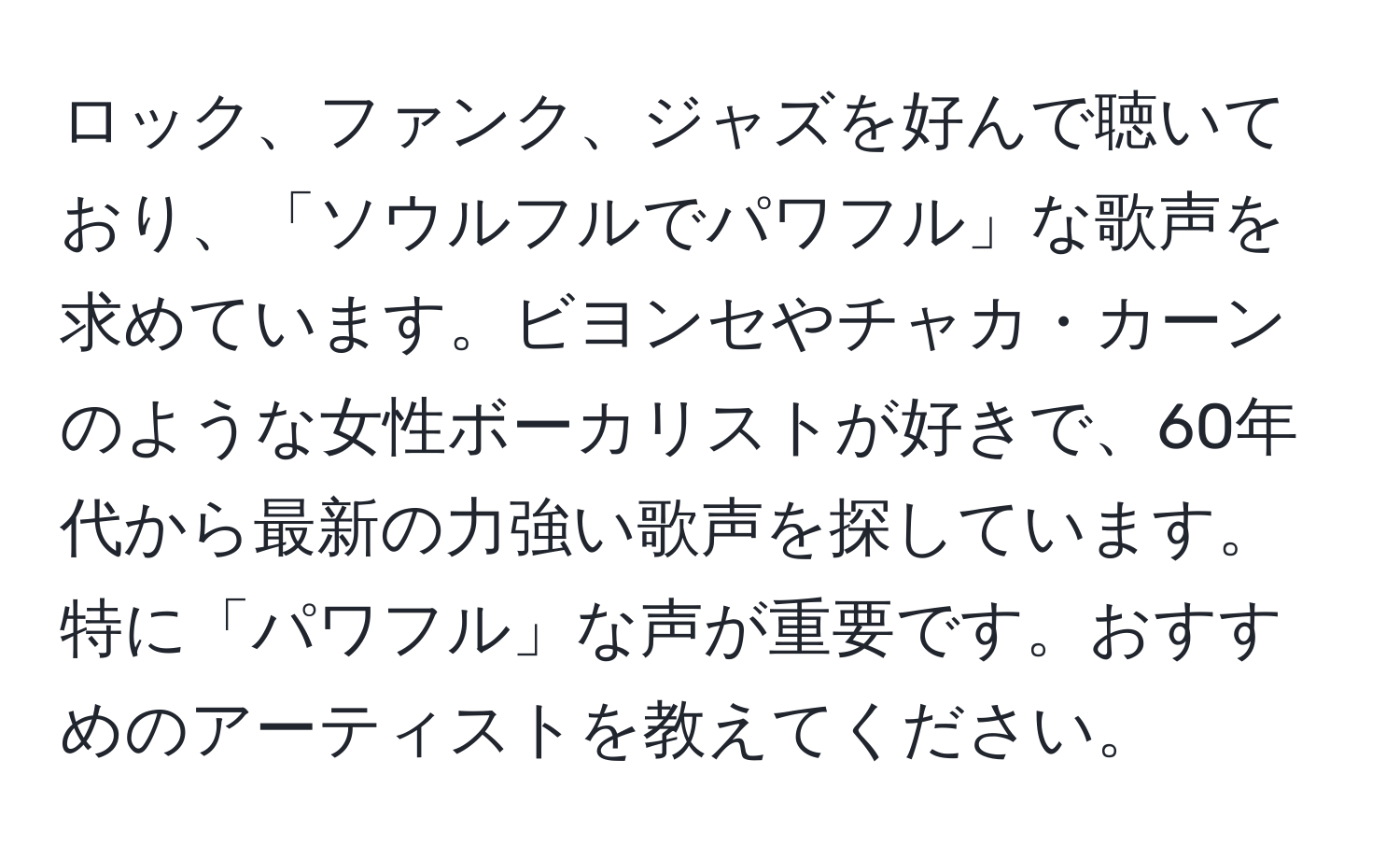 ロック、ファンク、ジャズを好んで聴いており、「ソウルフルでパワフル」な歌声を求めています。ビヨンセやチャカ・カーンのような女性ボーカリストが好きで、60年代から最新の力強い歌声を探しています。特に「パワフル」な声が重要です。おすすめのアーティストを教えてください。