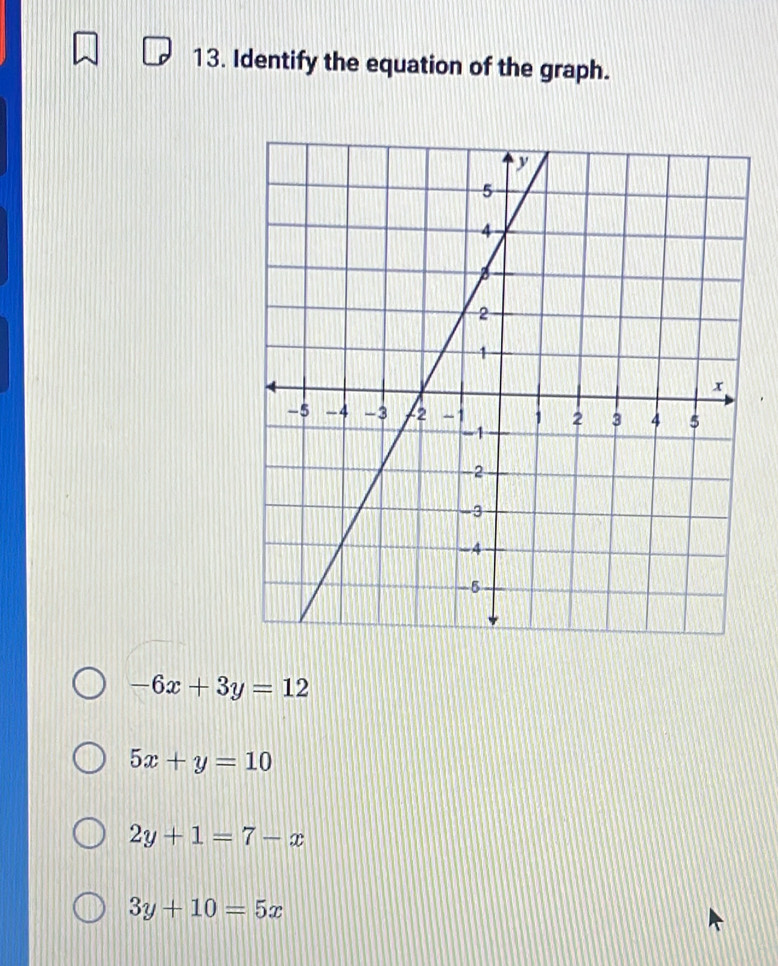 Identify the equation of the graph.
-6x+3y=12
5x+y=10
2y+1=7-x
3y+10=5x