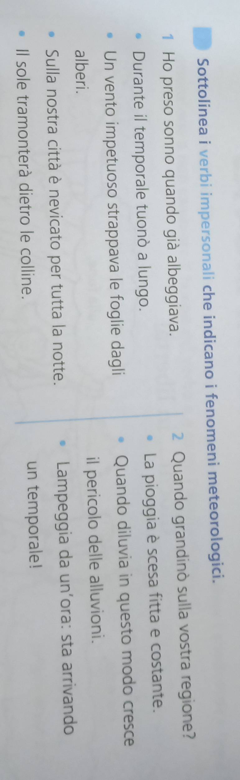 Sottolinea i verbi impersonali che indicano i fenomeni meteorologici. 
1 Ho preso sonno quando già albeggiava. 2 Quando grandinò sulla vostra regione? 
Durante il temporale tuonò a lungo. La pioggia è scesa fitta e costante. 
Un vento impetuoso strappava le foglie dagli Quando diluvia in questo modo cresce 
alberi. il pericolo delle alluvioni. 
Sulla nostra città è nevicato per tutta la notte. Lampeggia da un’ora: sta arrivando 
Il sole tramonterà dietro le colline. un temporale!