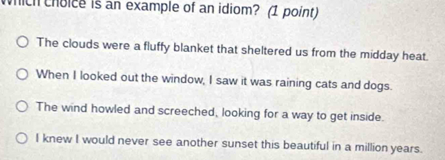 which choice is an example of an idiom? (1 point)
The clouds were a fluffy blanket that sheltered us from the midday heat.
When I looked out the window, I saw it was raining cats and dogs.
The wind howled and screeched, looking for a way to get inside.
I knew I would never see another sunset this beautiful in a million years.