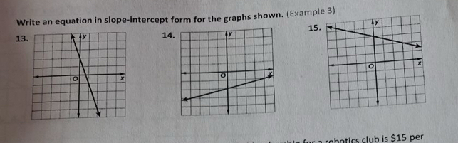 Write an equation in slope-intercept form for the graphs shown. (Example 3) 
131415 
obotics club is $15 per