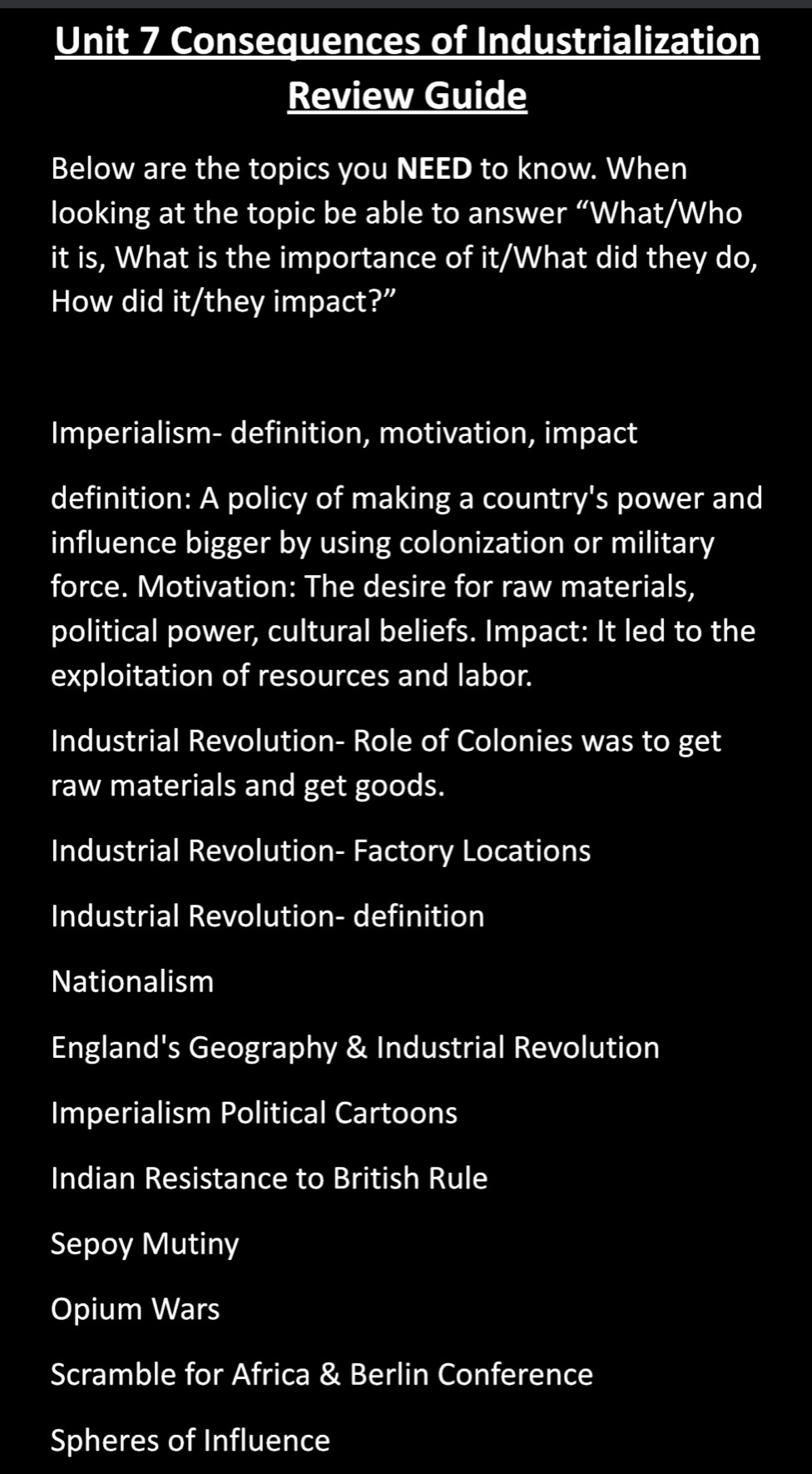 Solved: Consequences of Industrialization Review Guide Below are the ...