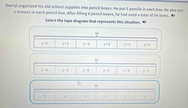 Darryl organized his old school supplies into pencil boxes. He put 5 pencils in each box. He also put
y erasers in each pencil box. After filling 6 pencil boxes, he had used a total of 54 items.
Select the tape diagram that represents this situation.
54
y-6 y-6 y-6 y=6 y-6 y-6
54
5 y y y y y