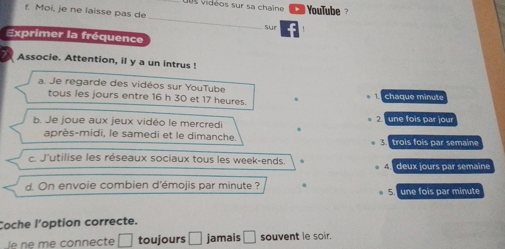 ues vidéos sur sa chaîne a YouTube 
f. Moi, je ne laisse pas de
_
sur
Exprimer la fréquence
Associe. Attention, il y a un intrus !
a. Je regarde des vidéos sur YouTube
tous les jours entre 16 h 30 et 17 heures.
.
1. chaque minute
b. Je joue aux jeux vidéo le mercredi
2. une fois par jour
après-midi, le samedi et le dimanche.
3. trois fois par semaine
c. J'utilise les réseaux sociaux tous les week-ends.
4. deux jours par semaine
d. On envoie combien d'émojis par minute ?
5. une fois par minute
Coche l'option correcte.
Je né me connecte □ toujours □ jamais □ souvent le soir.