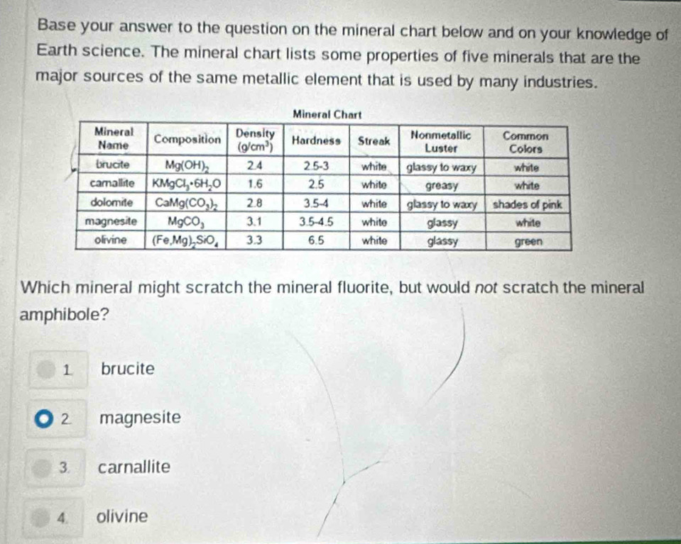 Base your answer to the question on the mineral chart below and on your knowledge of
Earth science. The mineral chart lists some properties of five minerals that are the
major sources of the same metallic element that is used by many industries.
Which mineral might scratch the mineral fluorite, but would not scratch the mineral
amphibole?
1 brucite
2 magnesite
3 carnallite
4. olivine