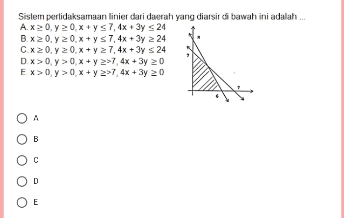 Sistem pertidaksamaan linier dari daerah yang diarsir di bawah ini adalah ...
A. x≥ 0, y≥ 0, x+y≤ 7, 4x+3y≤ 24
B. x≥ 0, y≥ 0, x+y≤ 7, 4x+3y≥ 24
C. x≥ 0, y≥ 0, x+y≥ 7, 4x+3y≤ 24
D. x>0, y>0, x+y≥ >7, 4x+3y≥ 0
E. x>0, y>0, x+y≥ >7, 4x+3y≥ 0
A
B
C
D
E