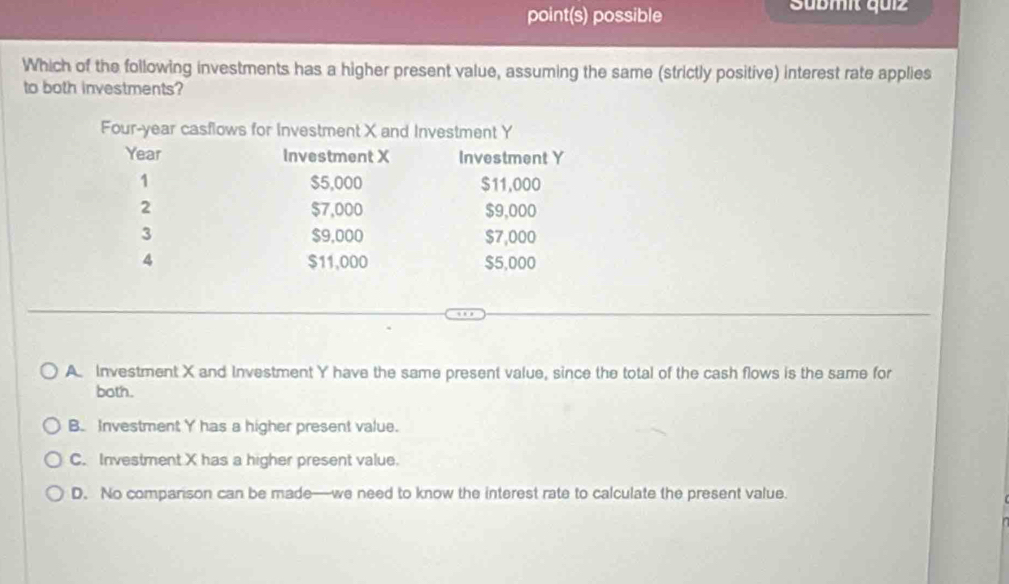 point(s) possible Sübmit quiz
Which of the following investments has a higher present value, assuming the same (strictly positive) interest rate applies
to both investments?
A Investment X and Investment Y have the same present value, since the total of the cash flows is the same for
both.
B. Investment Y has a higher present value.
C. Investment X has a higher present value.
D. No comparison can be made—we need to know the interest rate to calculate the present value.