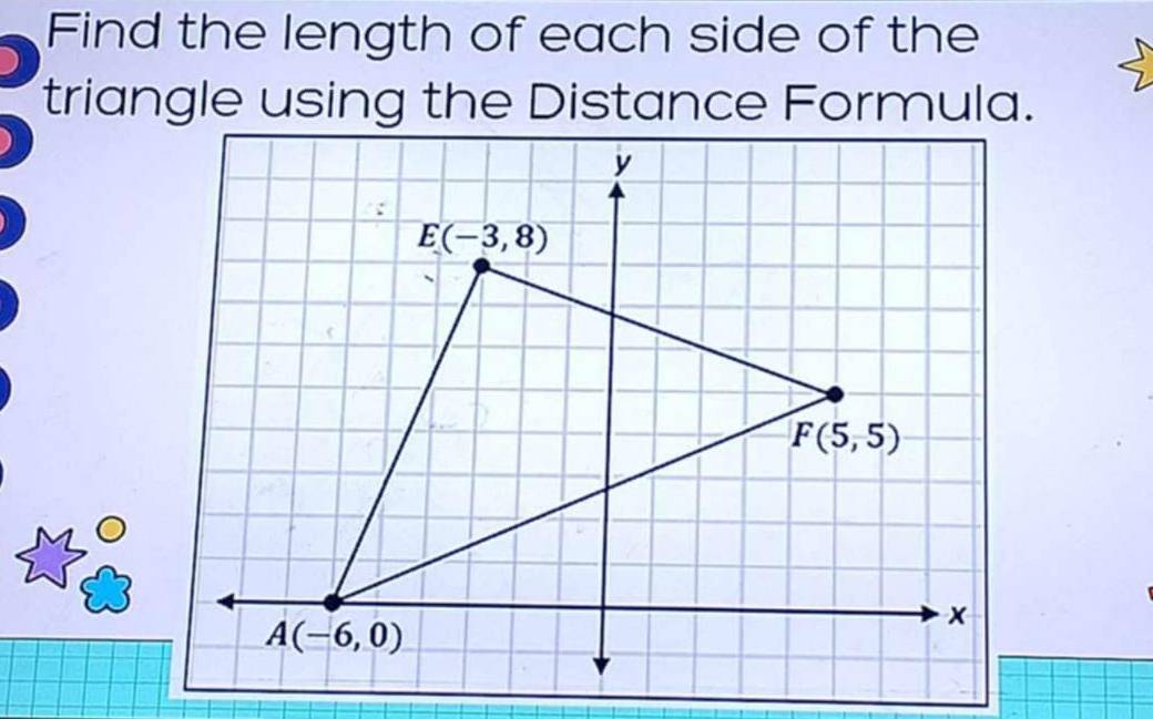 Find the length of each side of the
triangle using the Distance Formula.