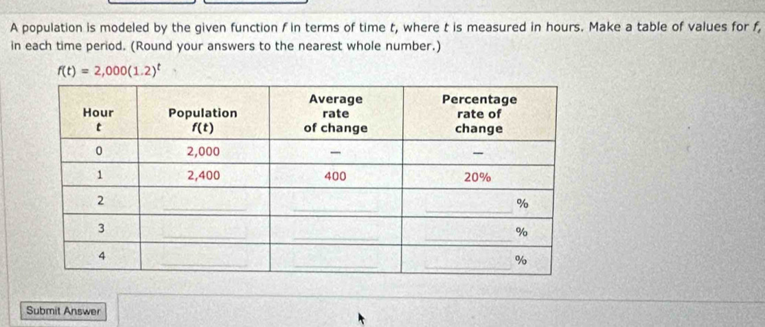 A population is modeled by the given function f in terms of time t, where t is measured in hours. Make a table of values for f,
in each time period. (Round your answers to the nearest whole number.)
f(t)=2,000(1.2)^t
Submit Answer