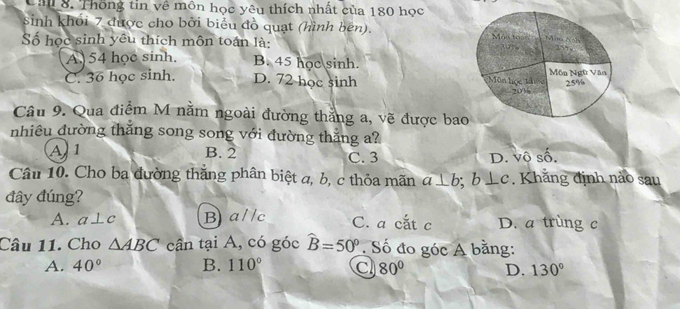 Cau 8. Thống tin về môn học yêu thích nhất của 180 học
sinh khối 7 được cho bởi biểu đồ quạt (hình bên).
Số học sinh yêu thích môn toán là:
A. 54 học sinh. B. 45 học sinh.
D. 72 học sinh
C. 36 học sinh. 
Câu 9. Qua điểm M nằm ngoài đường thắng a, vẽ được ba
nhiêu đường thắng song song với đường thắng a?
A1 B. 2 C. 3 D. vô số.
Câu 10. Cho ba đường thắng phân biệt a, b, c thỏa mãn a⊥ b;b⊥ c. Khắng định nào sau
đây đúng?
A. a⊥ c B aparallel c C. a cắt c D. a trùng c
Câu 11. Cho △ ABC cần tại A, có góc widehat B=50°. Số đo góc A bằng:
A. 40° B. 110° Cl 80° D. 130°