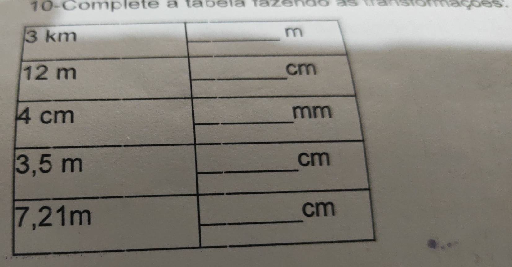 10-Complete a tabéia fazendo as transformações: