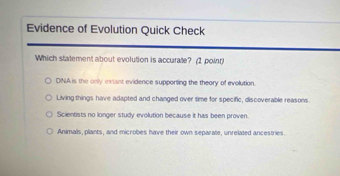 Solved: Evidence of Evolution Quick Check Which statement about ...
