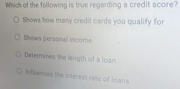 Which of the following is true regarding a credit score?
Shows how many credit cards you qualify for
Shows personal income
Determines the length of a loan
Influences the interest rate of loans