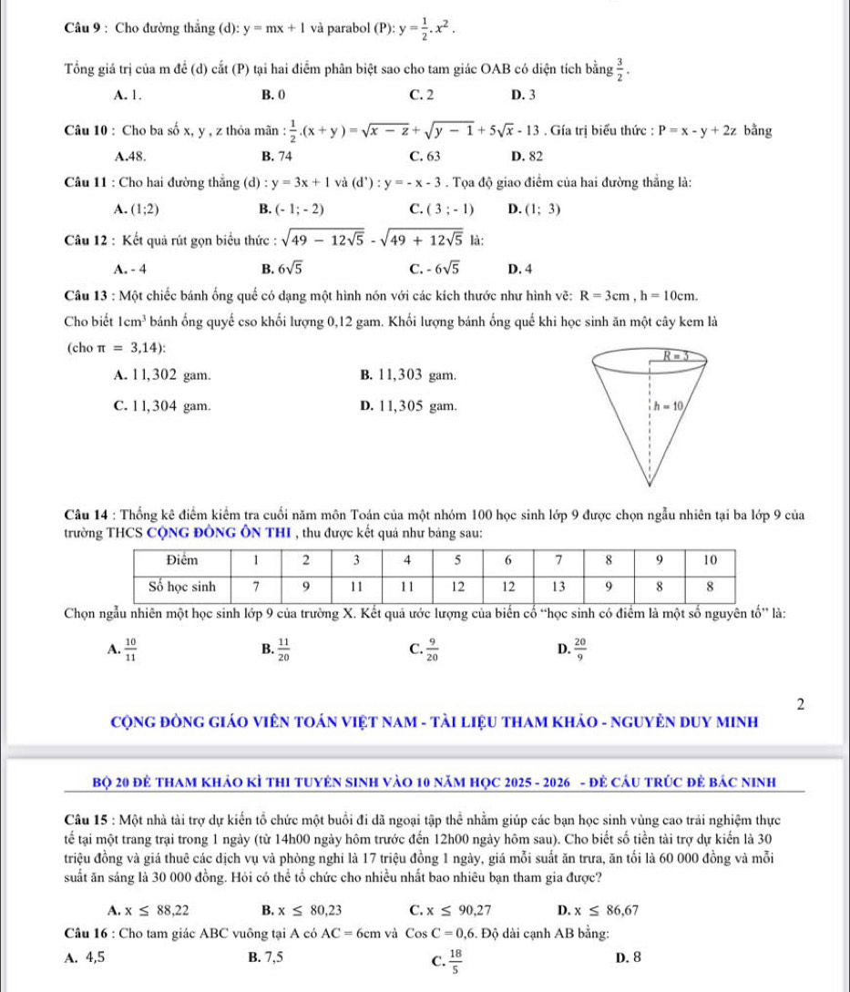 Cho đường thẳng (d): y=mx+1 và parabol (P):y= 1/2 .x^2.
Tổng giá trị của m để (d) cắt (P) tại hai điểm phân biệt sao cho tam giác OAB có diện tích bằn g 3/2 .
A. 1. B. 0 C. 2 D. 3
Câu 10 : Cho ba số x, y , z thỏa mãn :  1/2 .(x+y)=sqrt(x-z)+sqrt(y-1)+5sqrt(x)-13 Gía trị biểu thức : P=x-y+2z bằng
A.48 B. 74 C. 63 D. 82
Câu 11 : Cho hai đường thắng (d) : y=3x+1 và (d^,):y=-x-3. Tọa độ giao điểm của hai đường thắng là:
A. (1;2) B. (-1;-2) C. (3;-1) D. (1;3)
Câu 12 : Kết quả rút gọn biểu thức : sqrt(49-12sqrt 5)-sqrt(49+12sqrt 5) là:
A. - 4 B. 6sqrt(5) C. -6sqrt(5) D. 4
Câu 13 : Một chiếc bánh ống quế có dạng một hình nón với các kích thước như hình vẽ: R=3cm,h=10cm.
Cho biết 1cm^3 bánh ống quyế cso khối lượng 0,12 gam. Khối lượng bánh ống quế khi học sinh ăn một cây kem là
(cho π =3,14):
A. 1 1, 302 gam. B. 11,303 gam.
C. 1 l, 304 gam. D. 11,305 gam. 
Câu 14 : Thống kê điểm kiểm tra cuối năm môn Toán của một nhóm 100 học sinh lớp 9 được chọn ngẫu nhiên tại ba lớp 9 của
trường THCS CộNG ĐÔNG ÔN THI , thu được kết quả như bảng sau:
Chọn ngẫu nhiên một học sinh lớp 9 của trường X. Kết quả ước lượng của biến cổ “học sinh có điểm là một số nguyên tố” là:
C.
A.  10/11   11/20   9/20  D.  20/9 
B.
2
CộNG ĐÒNG GIÁO VIÊN TOÁN VIệT NAM - TẢI LIệU THAM KHẢO - NGUYÊN DUY MINH
Bộ 20 Đẻ THAM KHảO KÌ THI TUYÊN SINH VàO 10 năM HọC 2025 - 2026 - Đẻ CáU TRÚC Đẻ BáC NINh
Câu 15 : Một nhà tài trợ dự kiến tổ chức một buổi đi dã ngoại tập thể nhằm giúp các bạn học sinh vùng cao trải nghiệm thực
tế tại một trang trại trong 1 ngày (từ 14h00 ngày hôm trước đến 12h00 ngày hôm sau). Cho biết số tiền tài trợ dự kiến là 30
triệu đồng và giá thuê các dịch vụ và phòng nghi là 17 triệu đồng 1 ngày, giá mỗi suất ăn trưa, ăn tối là 60 000 đồng và mỗi
suất ăn sáng là 30 000 đồng. Hỏi có thể tổ chức cho nhiều nhất bao nhiêu bạn tham gia được?
A. x≤ 88,22 B. x≤ 80,23 C. x≤ 90,27 D. x≤ 86,67
Câu 16 : Cho tam giác ABC vuông tại A có AC=6cm và CosC=0,6. Độ dài cạnh AB bằng:
A. 4,5 B. 7,5 D. 8
C.  18/5 