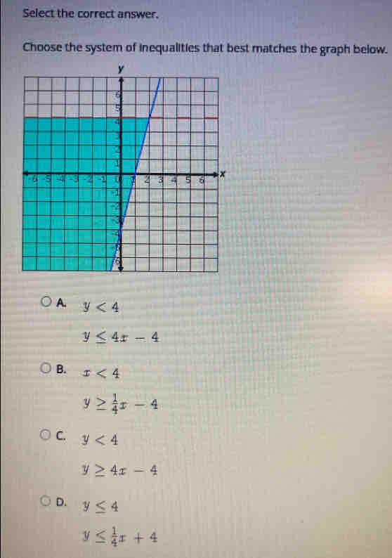 Select the correct answer.
Choose the system of inequalities that best matches the graph below.
A. y<4</tex>
y≤ 4x-4
B. x<4</tex>
y≥  1/4 x-4
C. y<4</tex>
y≥ 4x-4
D. y≤ 4
y≤  1/4 x+4