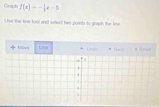 Graph f(x)=- 1/2 x-5
Use the line tool and select two points to graph the line. 
Move Line Undo Redo × Reset