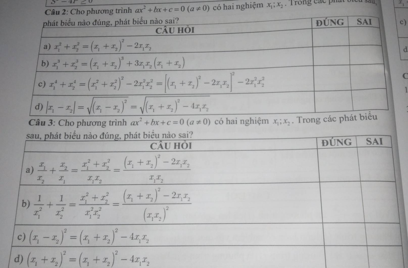 5-4P≥ 0
Câu 2: Cho phương trình ax^2+bx+c=0(a!= 0) có hai nghiệm x_1;x_2.  Trong các phát biểu sau, x_1
)
d
C
1
Câu 3: Cho phương trình ax^2+bx+c=0(a!= 0) có hai nghiệm x_1;x_2. Trong các