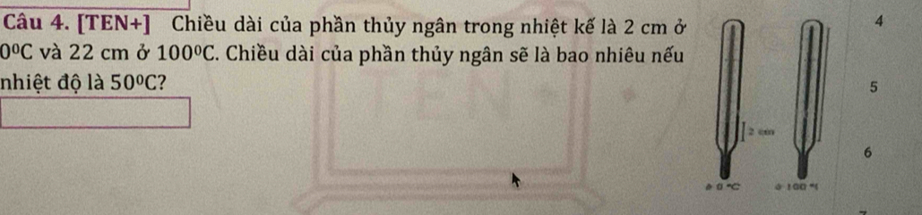 [TEN+] Chiều dài của phần thủy ngân trong nhiệt kế là 2 cm ở
4
0^oC và 22 cm ở 100°C. Chiều dài của phần thủy ngân sẽ là bao nhiêu nếu
nhiệt độ là 50°C ? 5
6