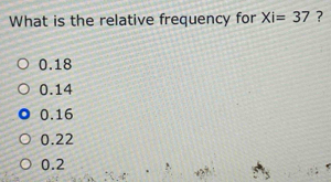 What is the relative frequency for Xi=37 ?
0.18
0.14
0.16
0.22
0.2