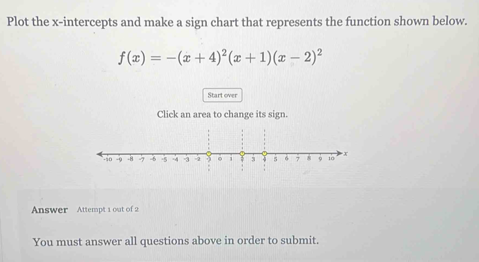 Plot the x-intercepts and make a sign chart that represents the function shown below.
f(x)=-(x+4)^2(x+1)(x-2)^2
Start over 
Click an area to change its sign. 
Answer Attempt 1 out of 2 
You must answer all questions above in order to submit.