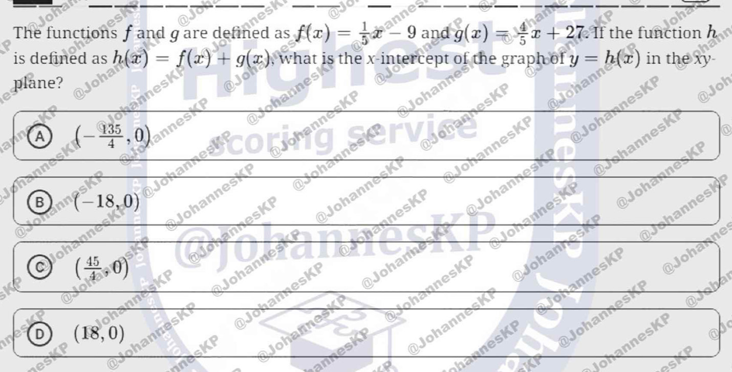 The functions f and g are defined as f(x)= 1/5 x-9 and g(x)= 4/5 x+27. If the function h
is defined as h(x)=f(x)+g(x) , what is the x-intercept of the graph of y=h(x) in the xy -
plane?
A (- 135/4 ,0)
JohannesK
Johannesk JohannesK Joh
I Johanne
hanne
L
@Johannesk
JohannesKr @Johannesi JohannesK @Joh
B (-18,0)
wohannesk
JohannesK JohannesKP @ Johannes
Joh
( 45/4 ,0) Johannes
e K F JohannesK
annesKF JohannesKP Ö Jonannes
hannesK ohannesK
(18,0)
JohannesK @Johanne
Johannesk @Johannesi
@Joha
anneski Johannest
aJ
Ineskp JohannesK
LP
JohannesK
esh