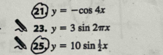 21 y=-cos 4x
23. y=3sin 2π x
25 y=10sin  1/2 x