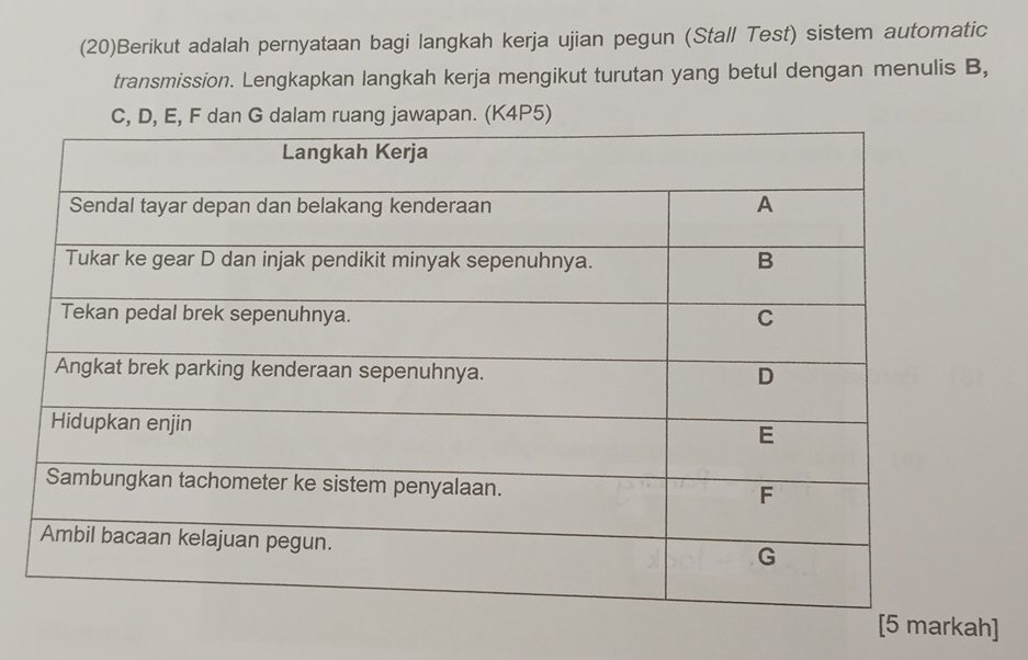 (20)Berikut adalah pernyataan bagi langkah kerja ujian pegun (Stall Test) sistem automatic 
transmission. Lengkapkan langkah kerja mengikut turutan yang betul dengan menulis B, 
awapan. (K4P5) 
[5 markah]