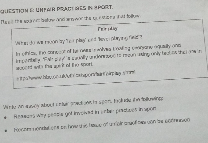 Solved: UNFAIR PRACTISES IN SPORT. Read the extract below and answer ...