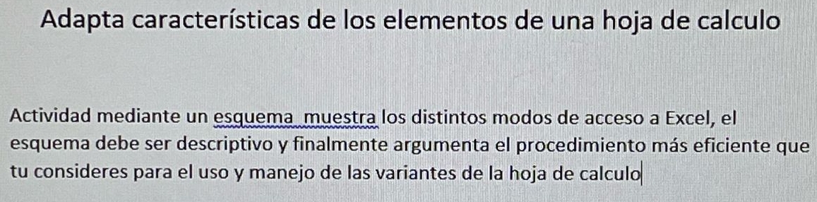 Adapta características de los elementos de una hoja de calculo 
Actividad mediante un esquema muestra los distintos modos de acceso a Excel, el 
esquema debe ser descriptivo y finalmente argumenta el procedimiento más eficiente que 
tu consideres para el uso y manejo de las variantes de la hoja de calculo