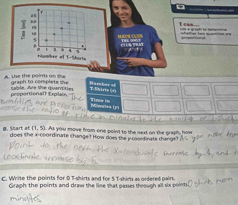 25 
: 20 
I can... 
15 use a graph to determine
10
whether two quantities are 
MATH CLUB proportional.
5
tHE oNly 
0 CL UB THAT 
×
0 1 2 3 4 5
COUNTS 
Number of T-Shirts 
A. Use the points on the 
graph to complete the 
table. Are the quantities 
proportional? Explain. 
B. Start at (1,5). As you move from one point to the next on the graph, how 
does the x-coordinate change? How does the y-coordinate change? 
C. Write the points for 0 T-shirts and for 5 T-shirts as ordered pairs. 
Graph the points and draw the line that passes through all six points