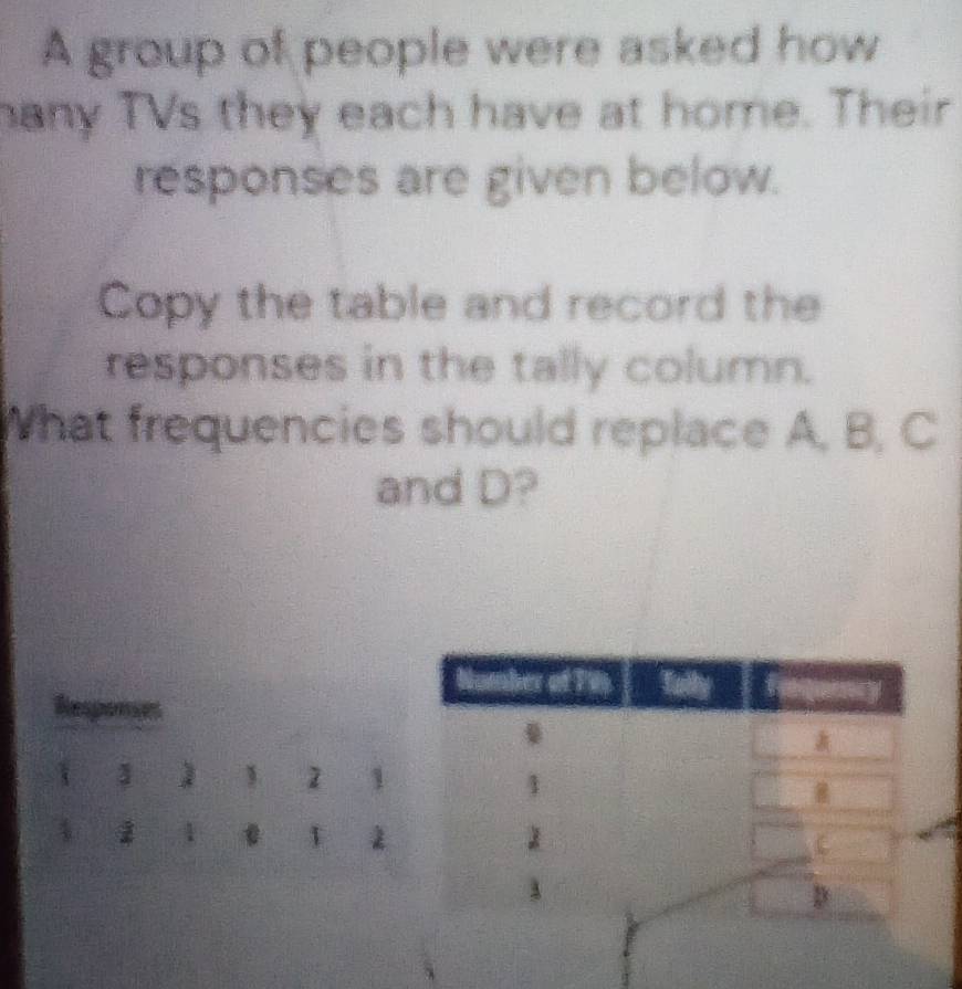 A group of people were asked how 
hany TVs they each have at home. Their 
responses are given below. 
Copy the table and record the 
responses in the tally column. 
What frequencies should replace A, B, C
and D? 
Respenses
3. 1
i I 1 4