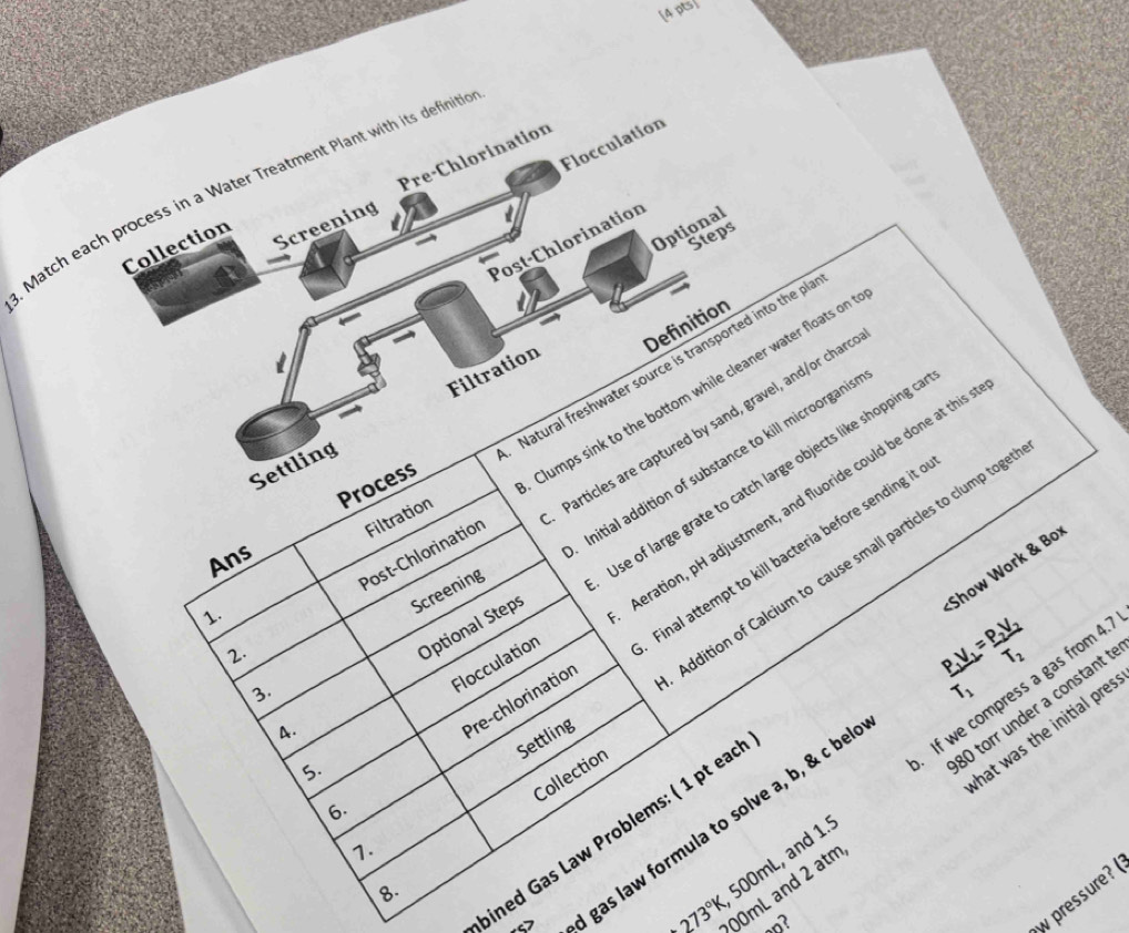 Flocculation 
Pre-Chlorination 
Match each process in a Water Treatment Plant with its definitio 
Optional 
Collection Screening 
Steps 
Post-Chlorination 
Definition 
t 
Settling Filtration 
1. Natural freshwater source is transported into the pl 
2. Post-Chlorination Clumps sink to the bottom while cleaner water floats on 
Initial addition of substance to kill microorganis 
Use of large grate to catch large objects like shopping c 
Process 
3. Particles are captured by sand, gravel, and/or chard 
Filtration 
4. Optional Steps Aeration, pH adjustment, and fluoride could be done at this 
Ans 
Addition of Calcium to cause small particles to clump tog 
Flocculation Final attempt to kill bacteria before sending it 
Screening 
Pre-chlorination
frac P_1V_1T_1=frac P_2V_2T_2
80 torr under a constant t 
hat was the initial pres 
pined Gas Law Problems: ( 1 pt eac ;Show Work & Bo 
Settling
500mL, and 1.5 If we compress a gas from 4. 
5. 
Collection 
6. 
gas law formula to solve a, b, & c bel 
7. 
8.
273°K 00mL and 2 atm
on? 
w pressure?