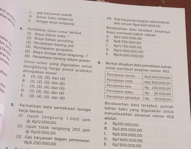 ok produ
C gaji karyawan pabrik (4) Gaji karyawan bagian administrasi
D. bahan baku langsung dan umum Rp4.500.000,00
han eku E. tenaga kerja langsung Berdasarkan data tersebut, besarnya
4、 Perhatikan unsur-unsur berikut A. Rp2.000.000,00
biaya overheod pabrik adalah
(1) Biaya bahan baku B. Rp9.750.000.00
(2) Biaya bahan penolong
akan (3) Persediaan barang jadi C. Rp11.750.000,00
an jun bersit
(4) Pendapatan penjualan D. Rp12.000.000,00
(5) Biaya tenaga kerja langsung E. Rp14.000.000,00
ran k
ansaly
(6) Persediaan barang dalam proses 6. Berikut disajikan data pemakaian bahan
Unsur-unsur yang digunakan untuk untuk membu
menghitung harga pokok produksi
ditunjukkan nomor 
ahaa A. (1), (2), (3), dan (4)
B. (1), (2), (5), dan (6) 
rkan C. (1), (3), (4), dan (6) 
kan
D. (1), (3), (5), dan (6)
E. (3), (4), (5), dan (6) dasarkan data tersebut, jumlah
5. Perhatikan data pemakaian tenaga bahan baku yang digunakan untuk
kerja berikut menyelesaikan pesanan nomor 402
adalah
(1) Upah langsung 1.000 jam A. Rp310.000,00
@ Rp12.000,00.
B. Rp2.810.000,00
(2) Upah tidak langsung 200 jam C. Rp5.100.000,00
@ Rp10.000,00.
D. Rp7.600.000,00
(3) Gaji karyawan bagian pemasaran E. Rp7.910.000,00
Rp5.250.000,00.