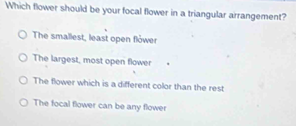 Which flower should be your focal flower in a triangular arrangement?
The smallest, least open flówer
The largest, most open flower
The flower which is a different color than the rest
The focal flower can be any flower