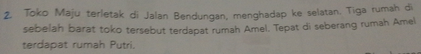 Toko Maju terletak di Jalan Bendungan, menghadap ke selatan. Tiga rumah di 
sebelah barat toko tersebut terdapat rumah Amel. Tepat di seberang rumah Amel 
terdapat rumah Putri.