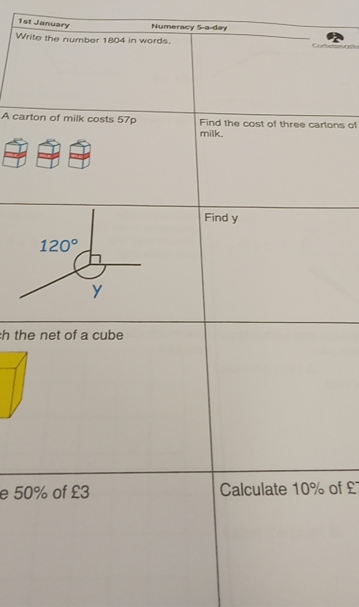 1st January
Numeracy 5-a-day
Wr
A carons of
h the
e 50of £