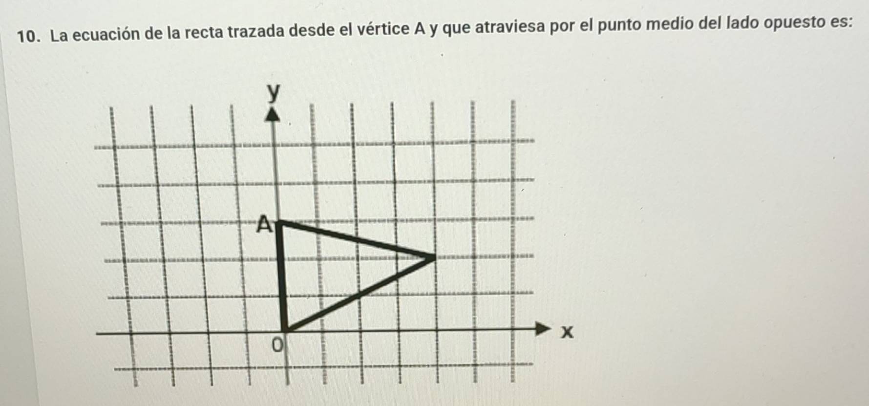 La ecuación de la recta trazada desde el vértice A y que atraviesa por el punto medio del lado opuesto es: