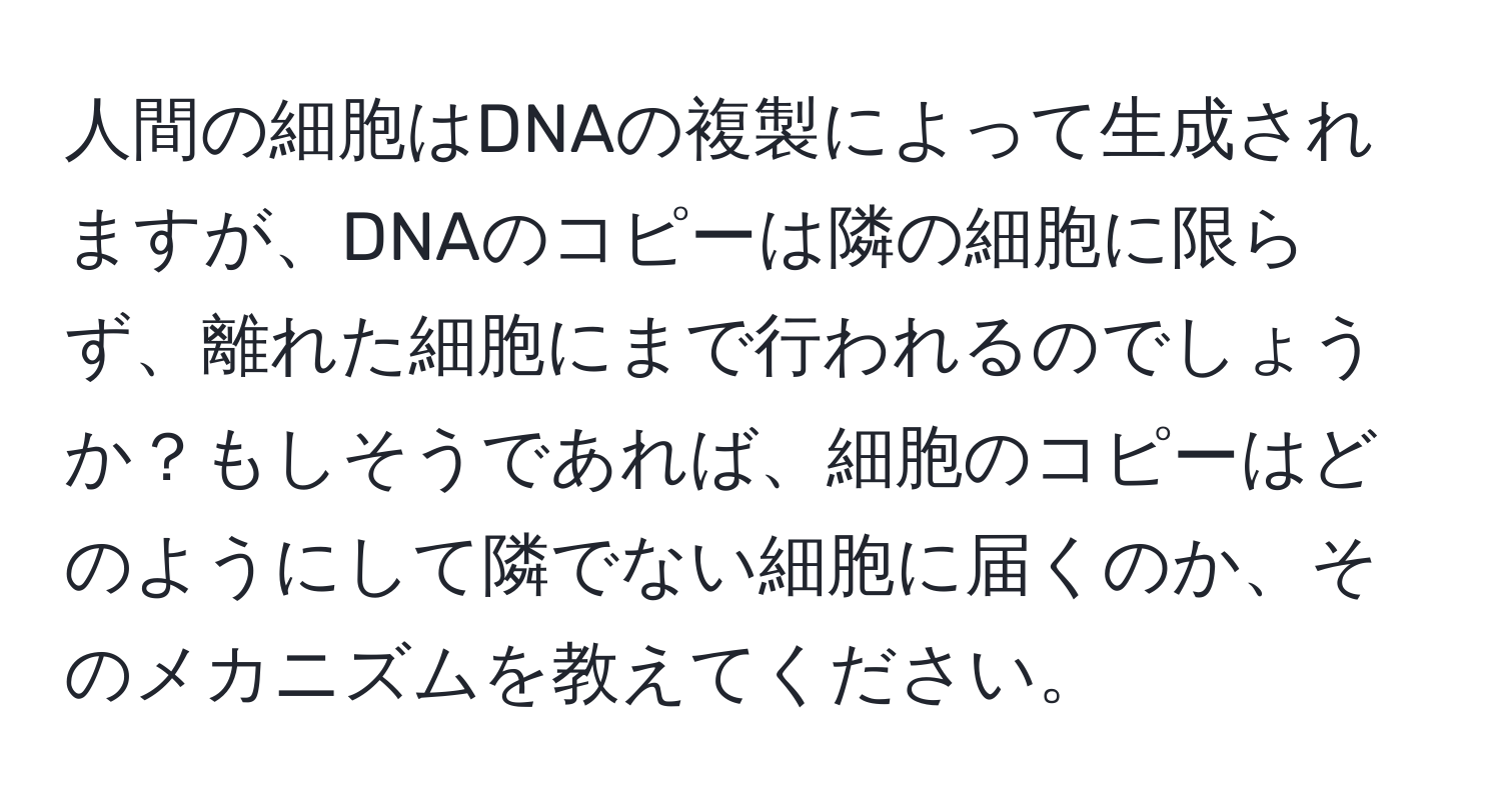 人間の細胞はDNAの複製によって生成されますが、DNAのコピーは隣の細胞に限らず、離れた細胞にまで行われるのでしょうか？もしそうであれば、細胞のコピーはどのようにして隣でない細胞に届くのか、そのメカニズムを教えてください。