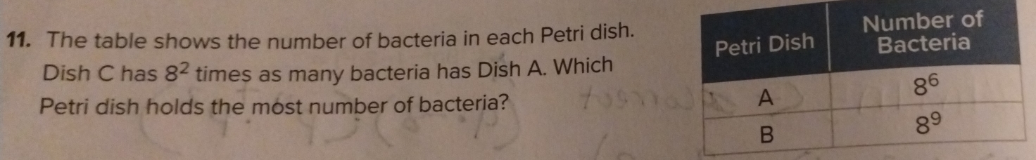 The table shows the number of bacteria in each Petri dish.
Dish C has 8^2 times as many bacteria has Dish A. Which
Petri dish holds the most number of bacteria?