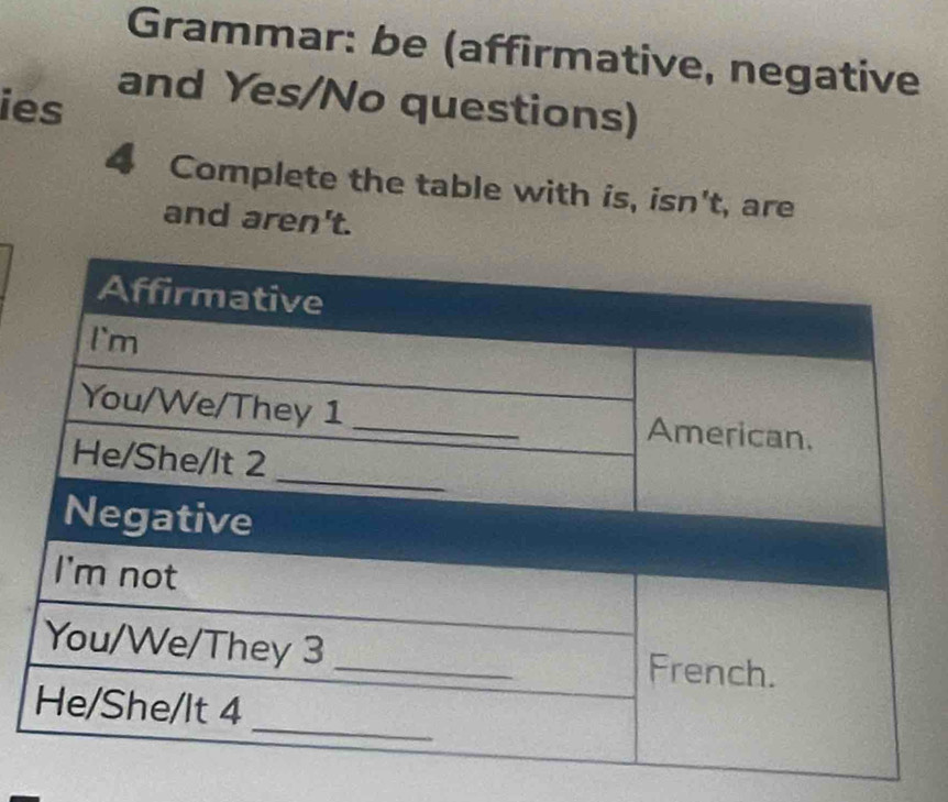 Grammar: be (affirmative, negative 
and Yes/No questions) 
ies 
4 Complete the table with is, isn't, are 
and aren't.