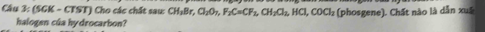 (SGK - CTST) Cho các chất sau: CH_3Br, Cl_2O_7, F_2C=CF_2, CH_2Cl_2, HCl, COCl_2 (phosgene). Chất nào là dẫn xuã 
halogen của hydrocarbon?