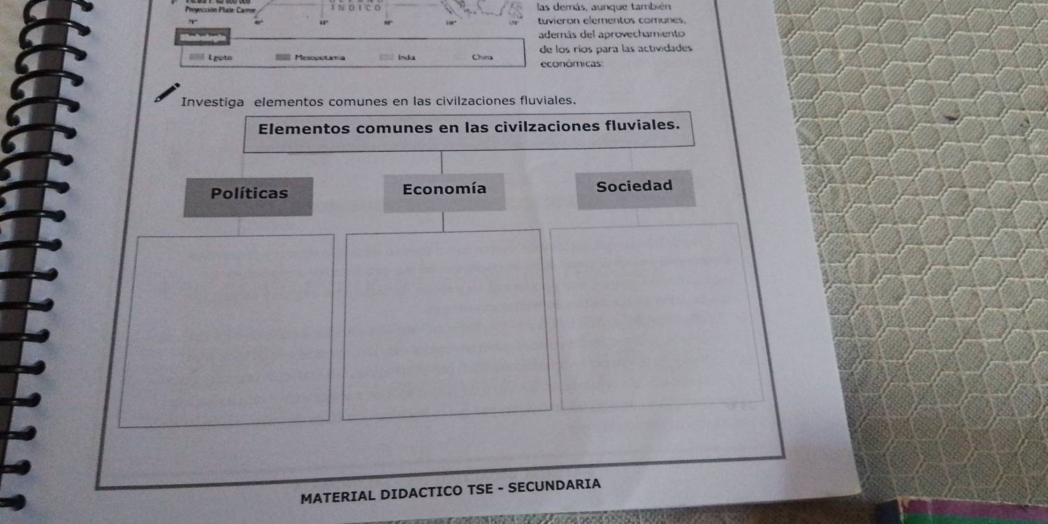 Presección Plate Care las demás, aunque también 
“ tuvieron elementos comunes, 
además del aprovechamiento 
de los ríos para las actividades 
= Lroto = Mesceotama Inda Chea económicas: 
Investiga elementos comunes en las civilzaciones fluviales. 
Elementos comunes en las civilzaciones fluviales. 
Políticas Economía Sociedad 
MATERIAL DIDACTICO TSE - SECUNDARIA