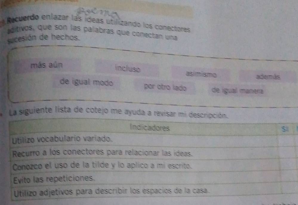 Recuerdo enlazar las ideas utilizando los conectores
aditivos, que son las palabras que conectan una
sucesión de hechos.
más aún
incluso asímismo
además
de igual modo por otro lado de igual manera
La siguiente lista de cotejo me ayuda a revisar mi descripción.
Indicadores
Utilizo vocabulario variado.
Recurro a los conectores para relacionar las ideas.
Conozco el uso de la tilde y lo aplico a mi escrito.
Evito las repeticiones.
Utilizo adjetivos para describir los espacios de la casa.