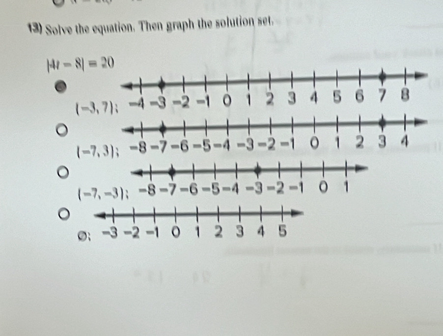 Solve the equation. Then graph the solution set.
|4t-8|=20.