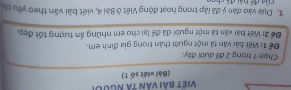 ViếT Bài Văn tả người 
(Bài viết số 1) 
Chọn 1 trong 2 để dưới đây: 
Để 1: Viết bài văn tả một người thân trong gia đình em. 
Để 2: Viết bài văn tả một người đã để lại cho em những ấn tượng tốt đẹp. 
1. Dựa vào dàn ý đã lập trong hoạt động Viết ở Bài 4, viết bài văn theo yêu cá 
của để bài đã chon