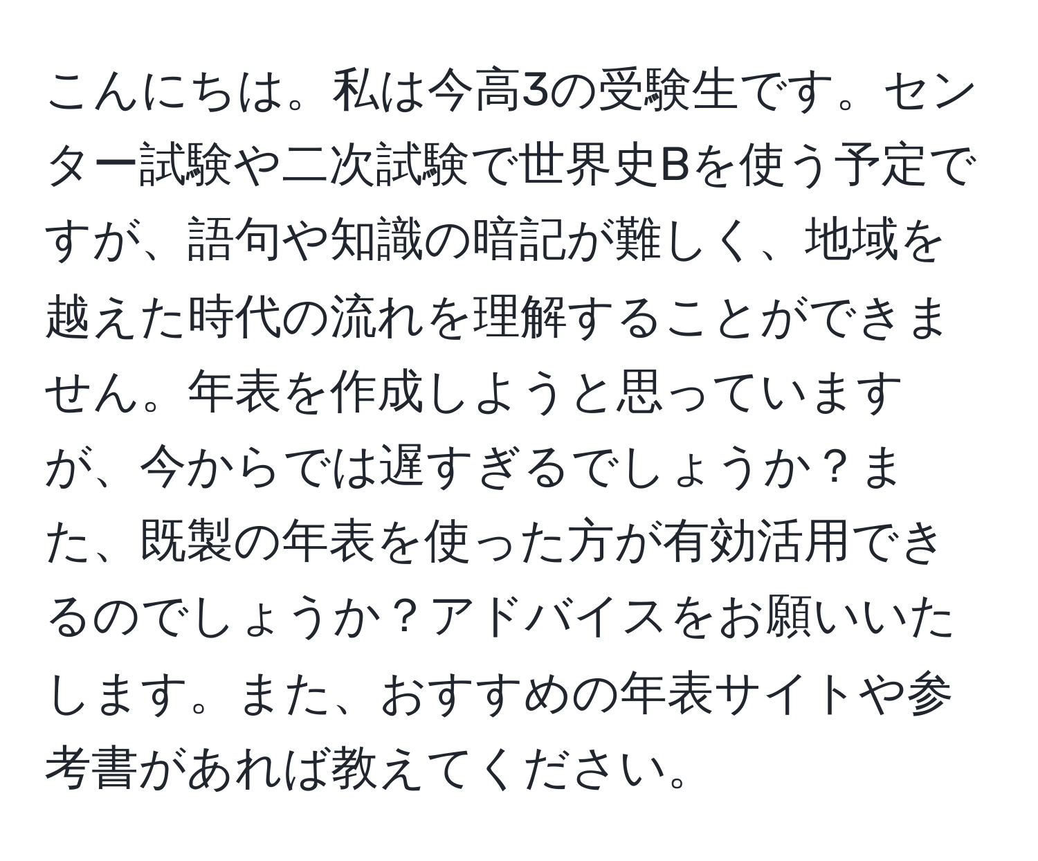 こんにちは。私は今高3の受験生です。センター試験や二次試験で世界史Bを使う予定ですが、語句や知識の暗記が難しく、地域を越えた時代の流れを理解することができません。年表を作成しようと思っていますが、今からでは遅すぎるでしょうか？また、既製の年表を使った方が有効活用できるのでしょうか？アドバイスをお願いいたします。また、おすすめの年表サイトや参考書があれば教えてください。