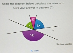 Using the diagram below, calculate the value of z.
Give your answer in degrees (^=).
Not drawn accerately
Q Zoom