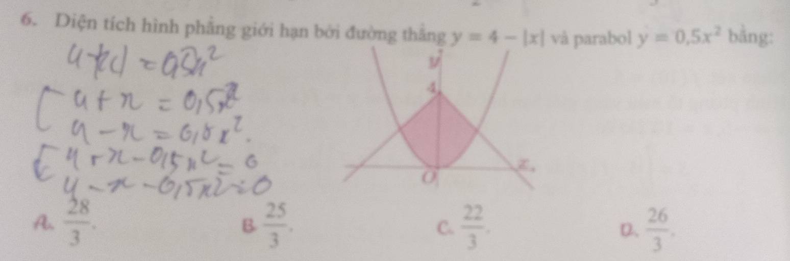 Diện tích hình phẳng giới hạn bởi đường thắng y=4-|x| và parabol y=0.5x^2 bằng:
A.  28/3 .  25/3 . C.  22/3 . D、  26/3 . 
B°