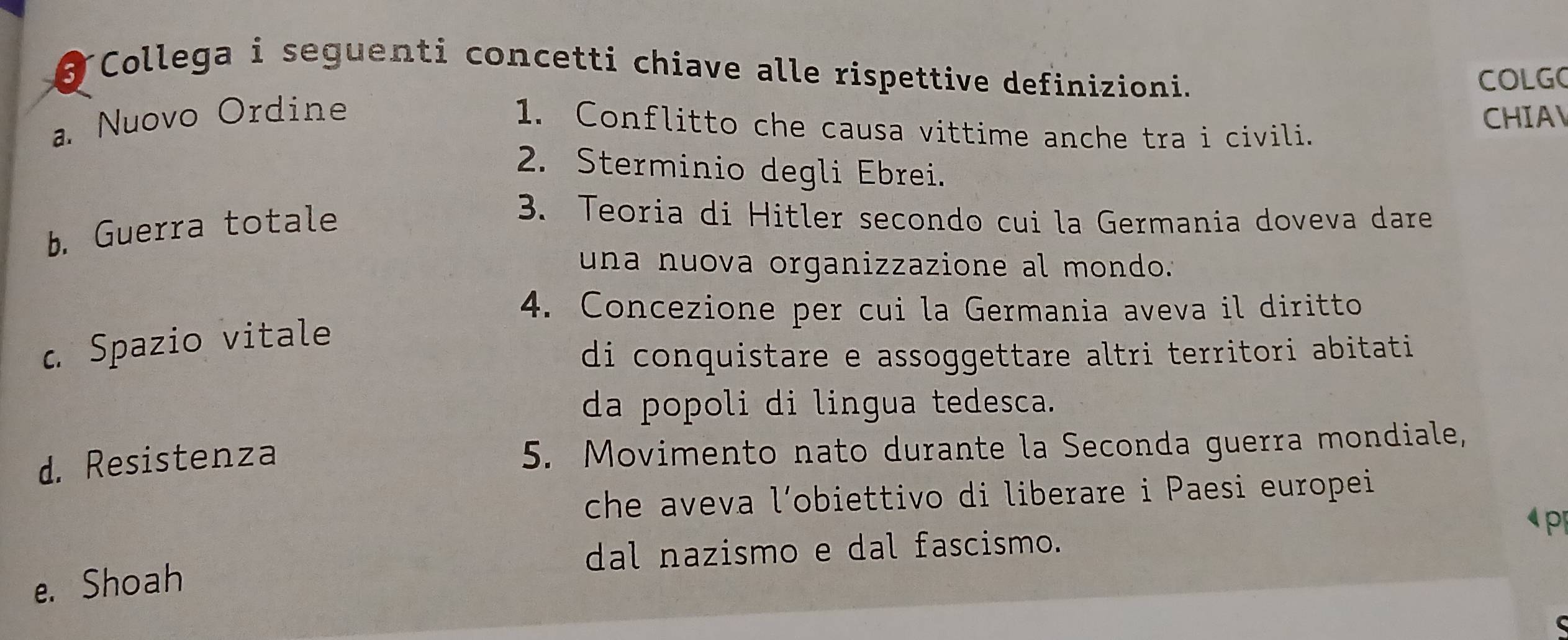 Collega i seguenti concetti chiave alle rispettive definizioni. 
COLGC 
a. Nuovo Ordine CHIA 
1. Conflitto che causa vittime anche tra i civili. 
2. Sterminio degli Ebrei. 
b. Guerra totale 
3. Teoria di Hitler secondo cui la Germania doveva dare 
una nuova organizzazione al mondo" 
4. Concezione per cui la Germania aveva il diritto 
c. Spazio vitale 
di conquistare e assoggettare altri territori abitati 
da popoli di lingua tedesca. 
d. Resistenza 5. Movimento nato durante la Seconda guerra mondiale, 
che aveva l’obiettivo di liberare i Paesi europei 
4 p 
dal nazismo e dal fascismo. 
e. Shoah